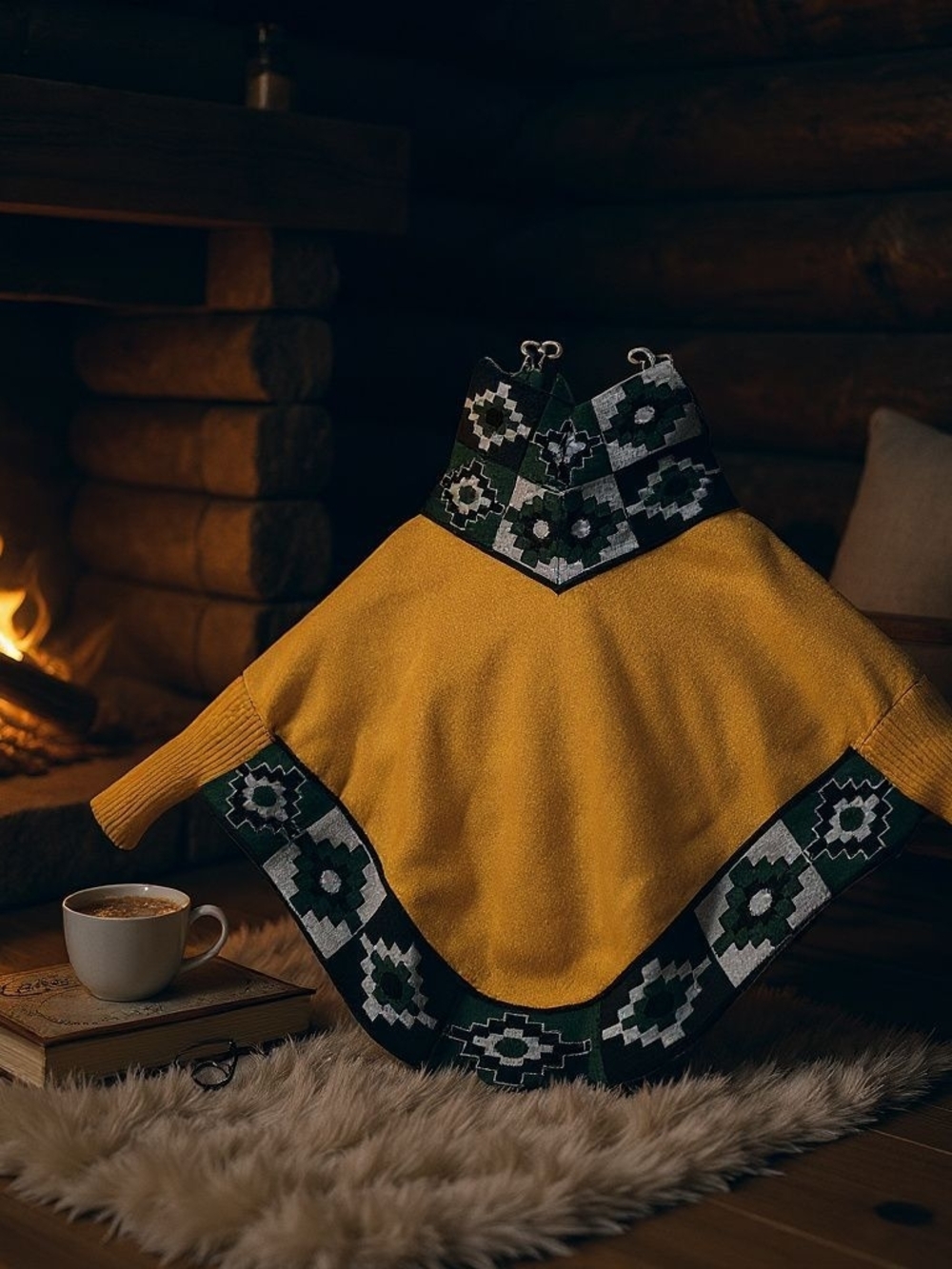 Mustard Yellow Patterned Women’s Poncho Sweater